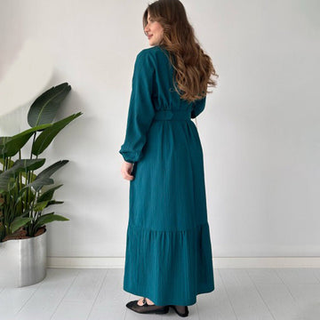 2025 New Solid Color POLO Collar Long Sleeve Multi-Button Belt Dress